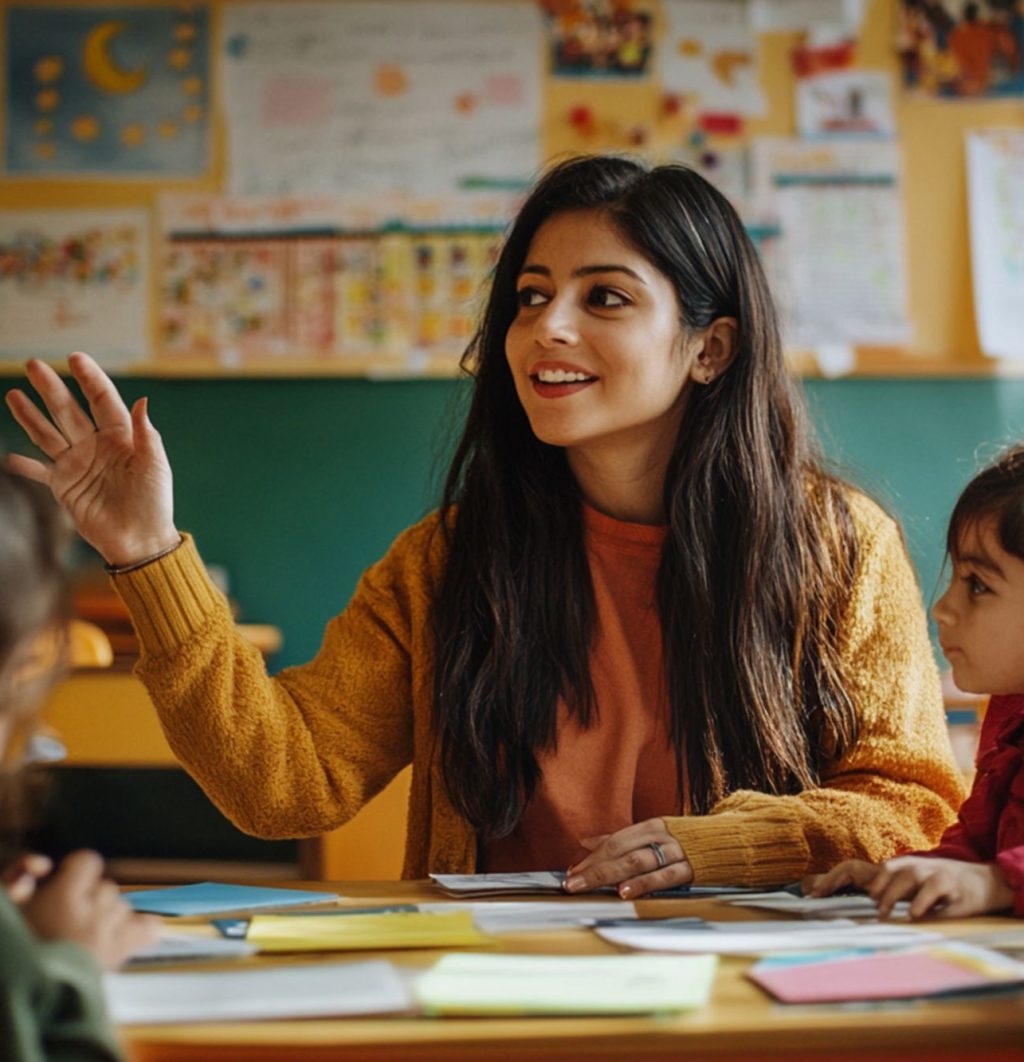 teacher sitting with kids